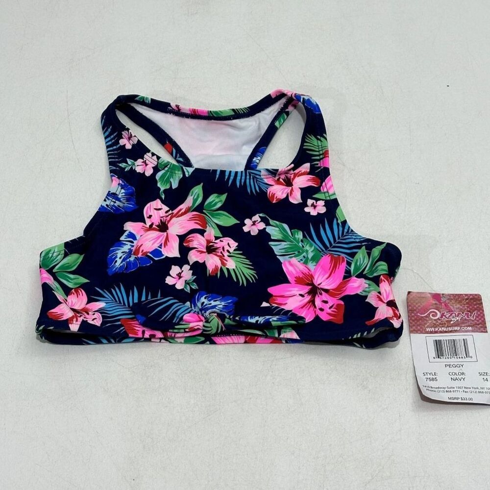 Kanu Surf Girl's Youth‎ Crop Swim Top Navy/Pink/Green Floral Racerback, Size 14